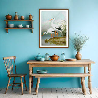 Poster cigogne blanche, illustrations d'oiseaux