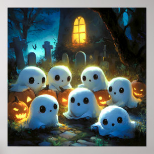 Poster Cimetière de nuit éffrayante mignonne Fantôme d'Ha