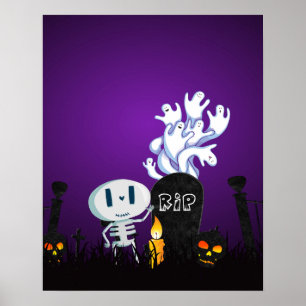 Poster Cimetière d'Halloween squelette et fantômes mignon