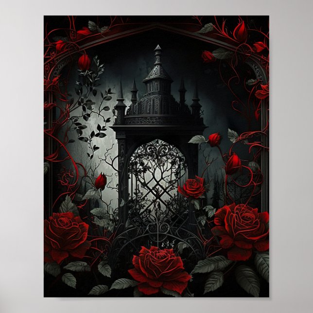 Poster Cimetière gothique Jardin Rose avec Rouge et Noir (Devant)