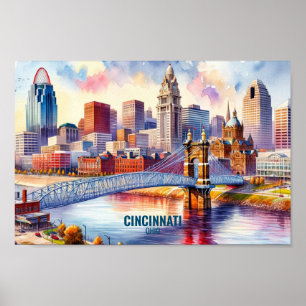Poster Cincinnati Ohio Famous Travel Places aquarelle