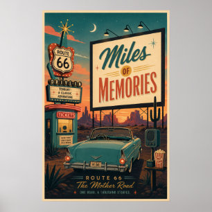 Poster Cinéma Drive-In Route 66 de la période rétro-milie