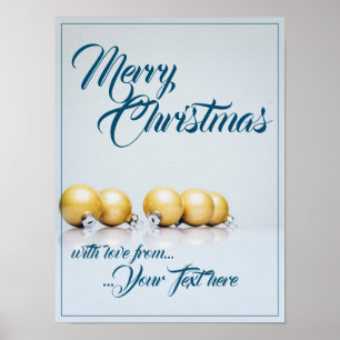 Poster Cinq boules de Noël dorées - écriture bleue