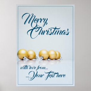 Poster Cinq boules de Noël dorées - écriture bleue