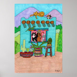 Poster Cinq chats dans un Aqua Adobe House