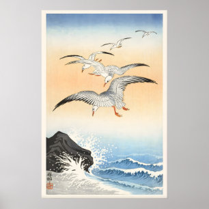 Poster Cinq Mouettes Au-Dessus D'une Mer Turbulente Japon