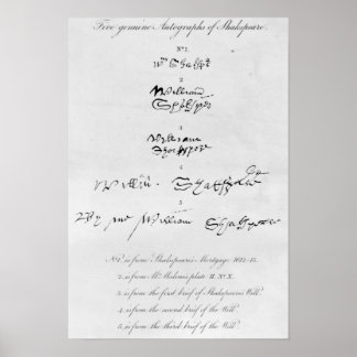 Poster Cinq véritables autographes de William Shakespeare