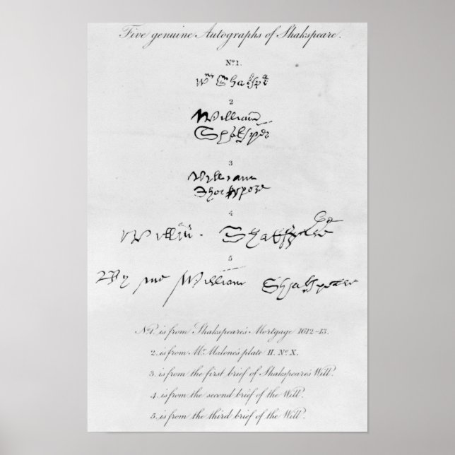 Poster Cinq véritables autographes de William Shakespeare (Devant)