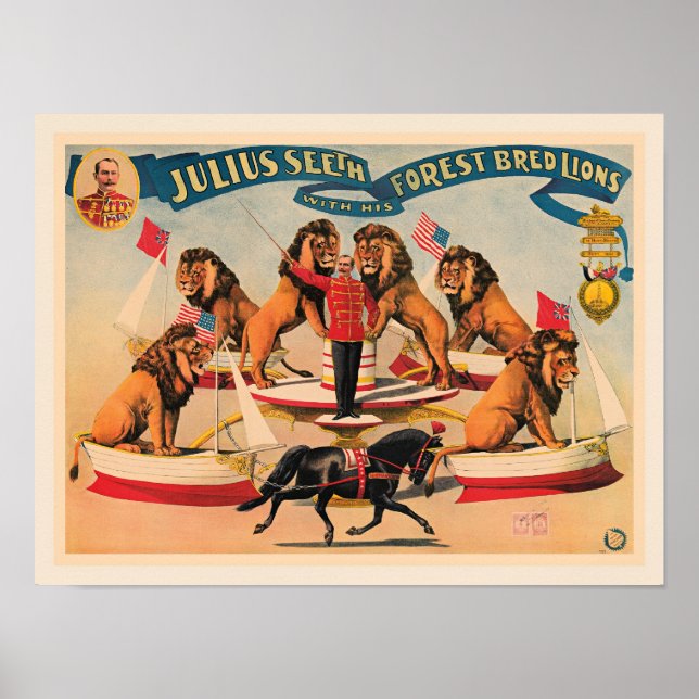 Poster Circus Lions, vintage illustration, (Devant)
