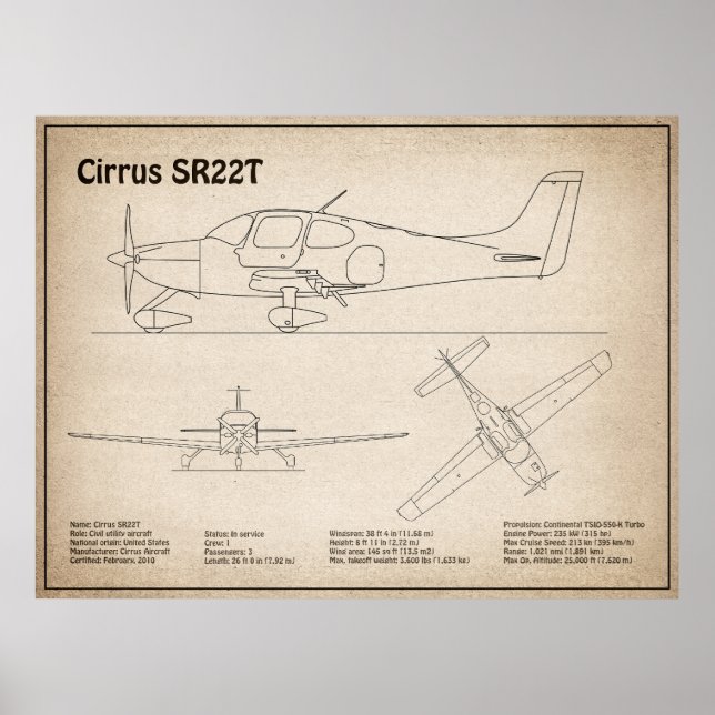 Poster Cirrus SR22T - Plans de dessin du plan directeur d (Devant)