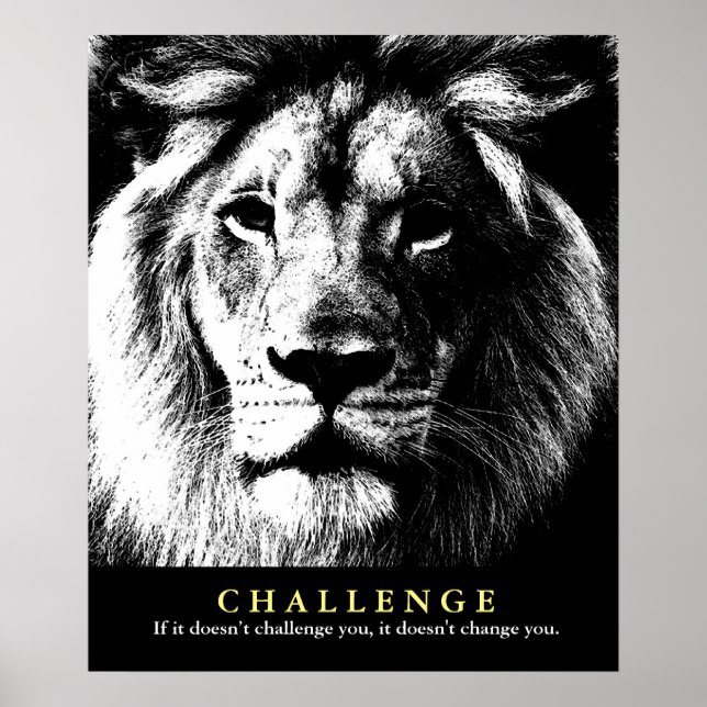 Poster Citation du Défi Motivationnel Lion Blanc Noir (Devant)