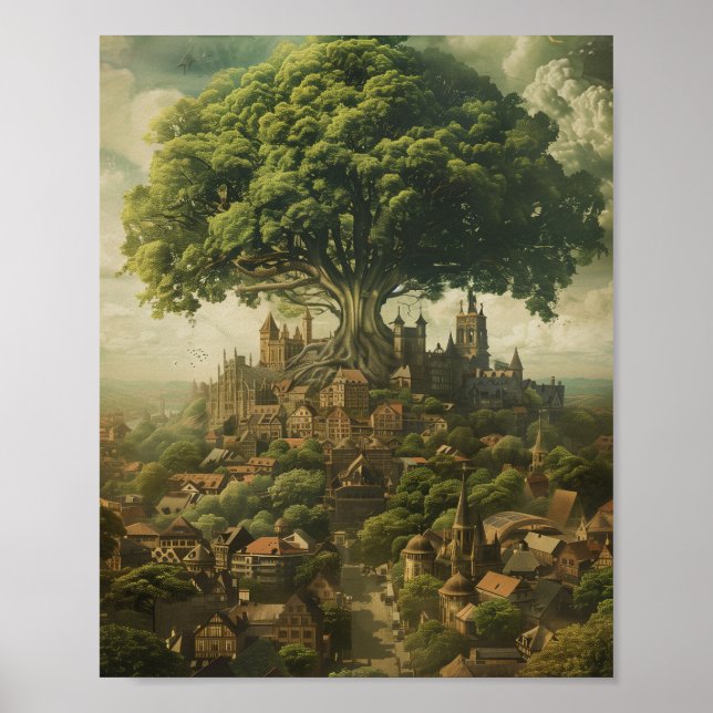 Poster Cité Médiévale Avec Arbre Géant (Devant)