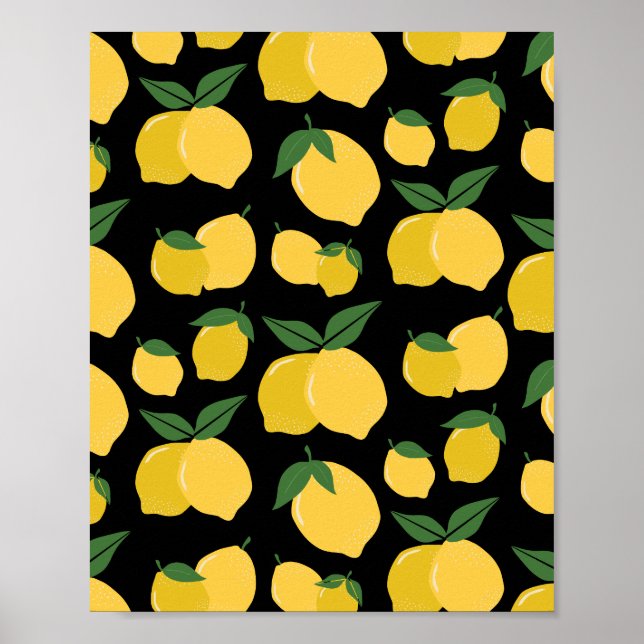 Poster Citron Motif Fruit Rétro Jaune sur Noir (Devant)