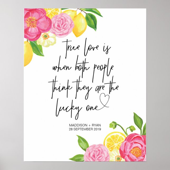 Poster Citron rose Floral Mariage Vrai Amour Bienvenue (Devant)