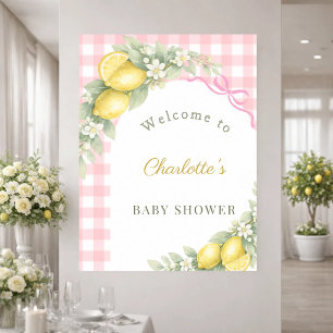Poster Citrons Baby Shower nœud rose à carreaux fille bie