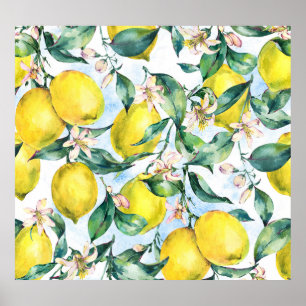 Poster citrons d'aquarelle, branche d'agrumes frais.