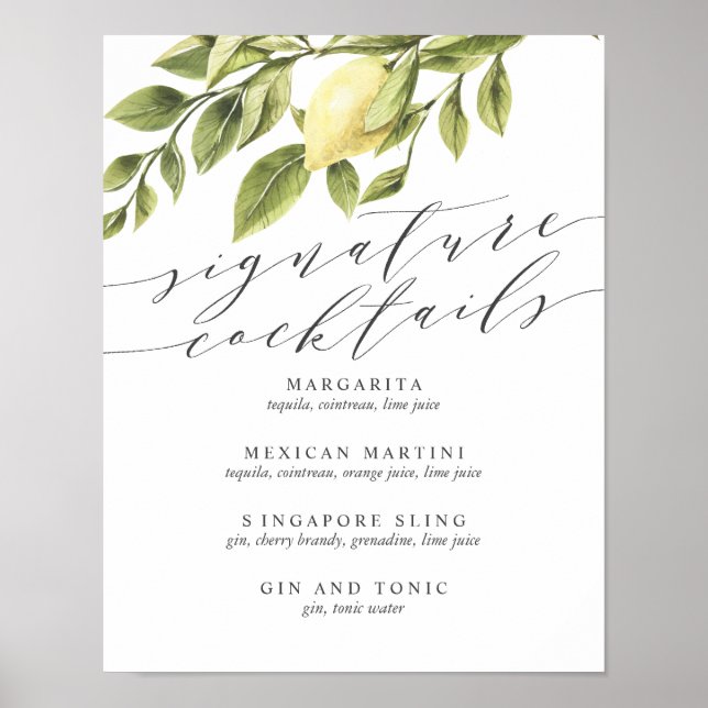 Poster Citrons et Feuille Signature Cocktail Menu V2 Sign (Devant)