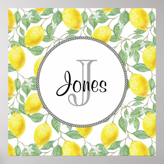 Poster Citrons jaunes avec Monogramme Motif vert (Devant)