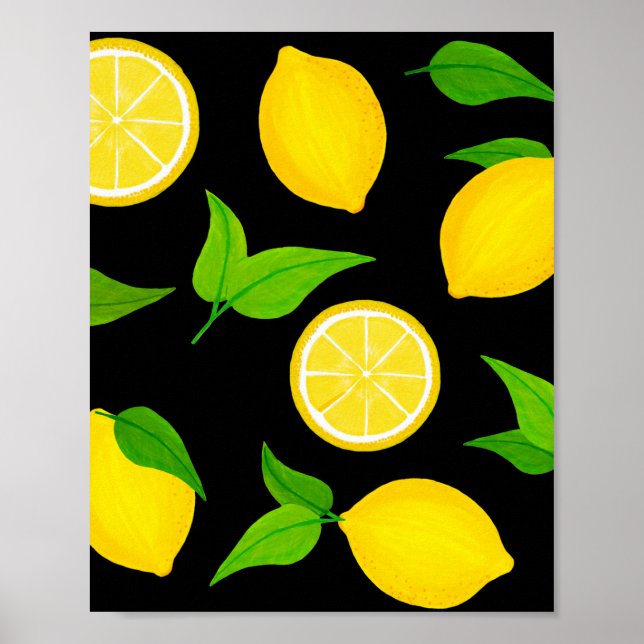 Poster Citrons jaunes d'été avec Feuilles verts sur noir (Devant)