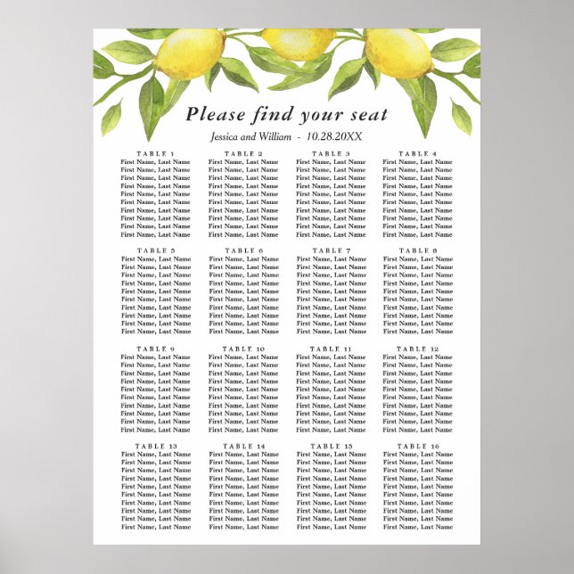 Poster Citrons & verdure 16 Tables Mariage CHART DE SIÈGE (Devant)
