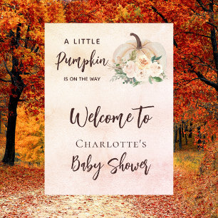 Poster citrouille baby shower sur le chemin crème bienven