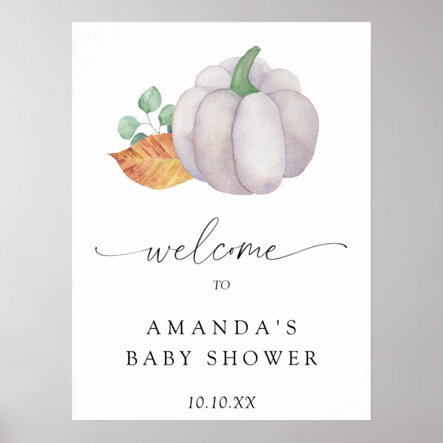 Poster Citrouille blanc automne accueil baby shower fête (Devant)