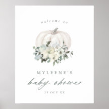Citrouille blanc et Fleurs Baby shower Bienvenue