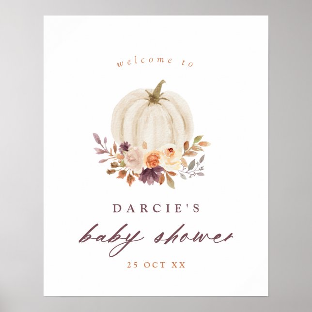 Poster Citrouille blanc & Fleurs violettes Baby shower Bi (Devant)