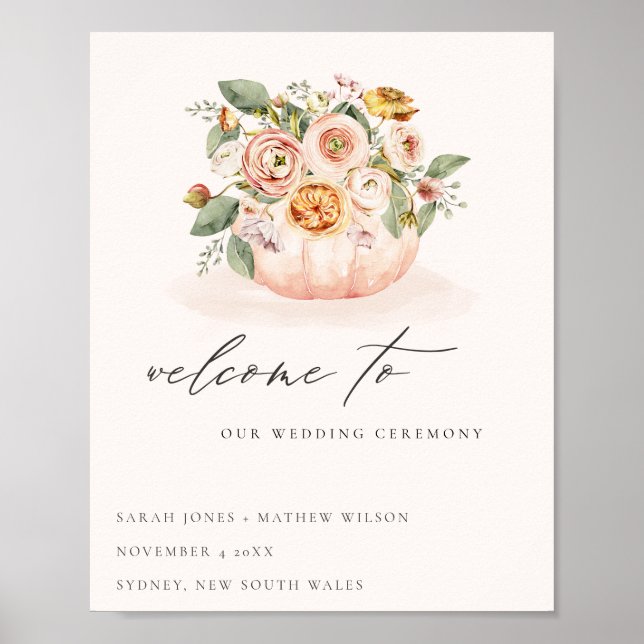 Poster Citrouille blanc rose pâle  Floral Mariage Bienven (Devant)