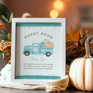 Poster Citrouille bleu Camion moderne Baby shower d'autom