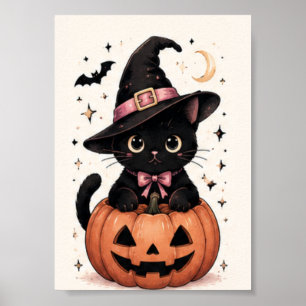 Poster Citrouille Chapeau de Sorcière Chat Noir