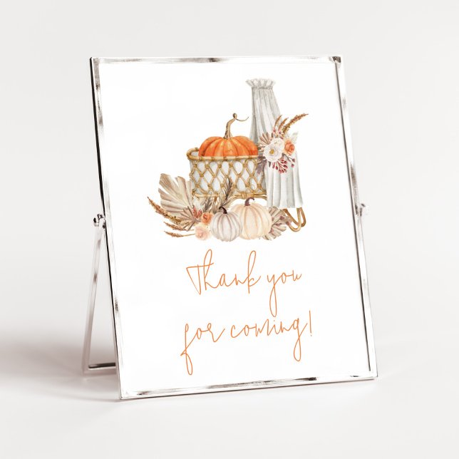 Poster Citrouille d'automne chute dans l'amour Merci pour (Boho Orange Pumpkin Baby Shower Thank you for Coming Sign)