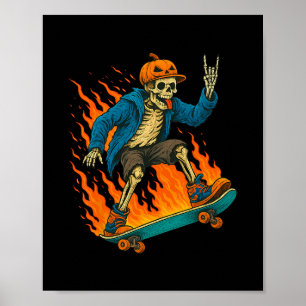 Poster Citrouille de flamme de skateboard de squelette d'