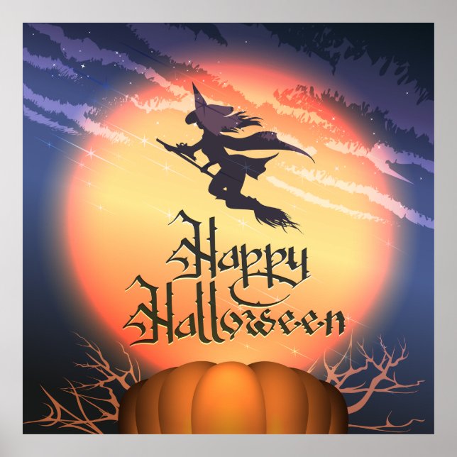 Poster Citrouille de la sorcière volante d'Hallowe (Devant)
