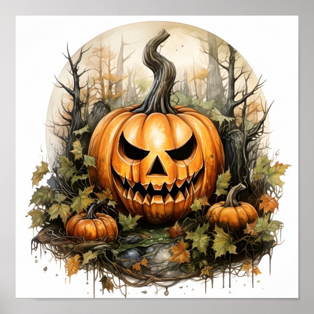 Poster Citrouille Déplaisant Halloween en forêt (Devant)
