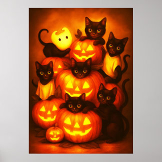 Poster Citrouille d'Halloween brillant avec chat noir mig