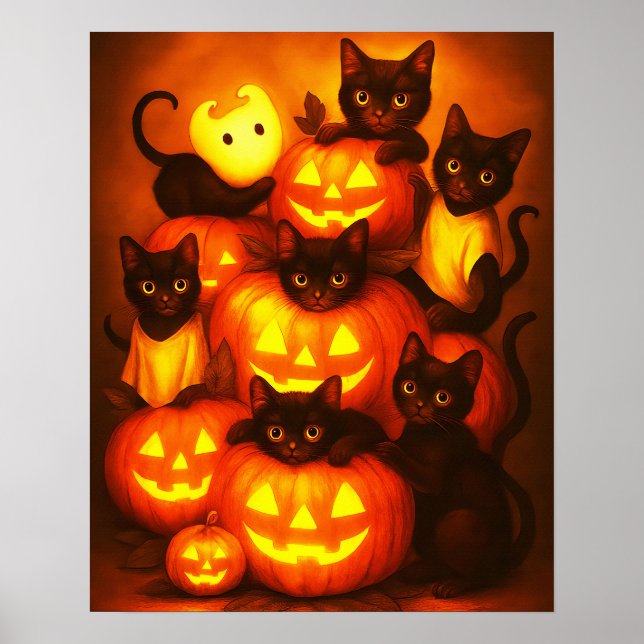 Poster Citrouille d'Halloween brillant avec un mignon pot (Devant)