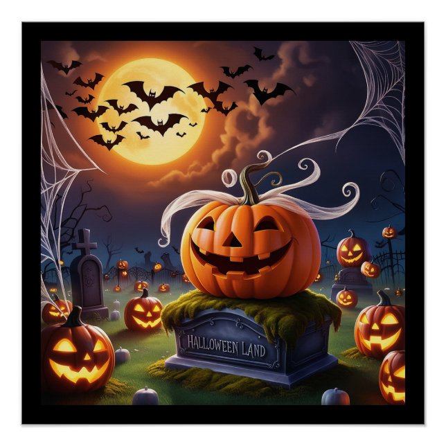 Poster Citrouille d'Halloween sur une pierre de tête (Devant)
