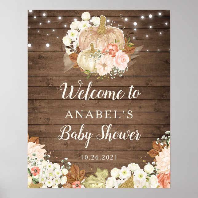 Poster Citrouille Floral Baby shower d'accueil en bois ru (Devant)