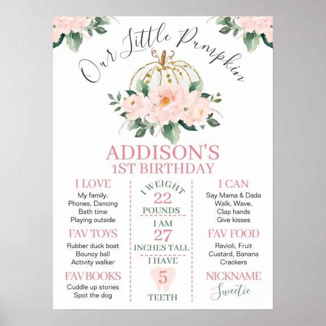 Poster Citrouille Floral Or Blanc 1er anniversaire Jalon (Devant)
