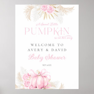 Poster Citrouille rose fille Floral Bow Baby shower Bienv