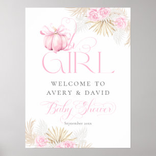 Poster Citrouille rose fille Floral Bow Baby shower Bienv