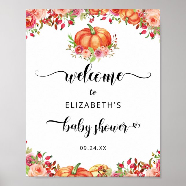 Poster Citrouille Rustique Automne Baby shower Floral Bie (Devant)