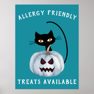 Poster Citrouille turquoise Halloween Chat noir Allergie 