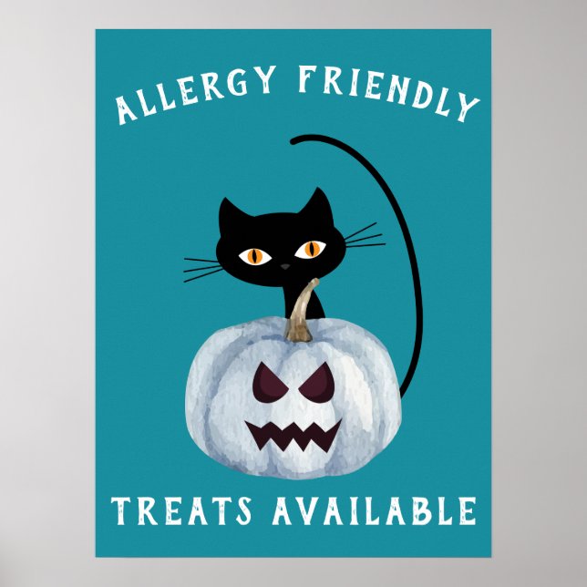Poster Citrouille turquoise Halloween Chat noir Allergie  (Devant)