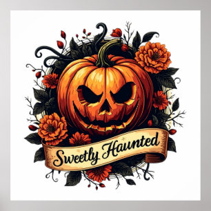 Poster Citrouille Vintage doucement hanté Halloween flo