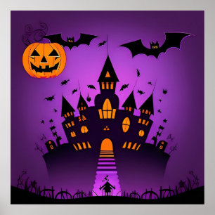 Poster Citrouilles Chauves-Souris Château Hanté Halloween
