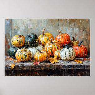 Poster Citrouilles colorées d'automne sur une table rusti