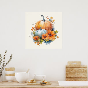 Poster Citrouilles d'automne avec Fleurs et Foliage