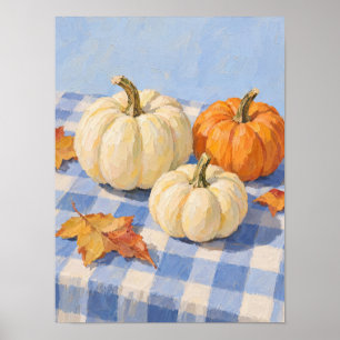 Poster Citrouilles d'automne sur une nappe à carreaux ble